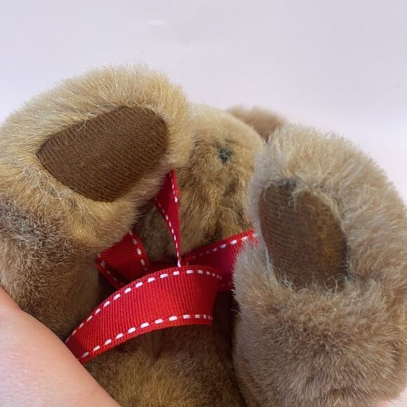 Classic Vintage Weighted Light Brown Teddy Bear Jointed Legs & Arms Red Ribbon - Picture 10 of 11